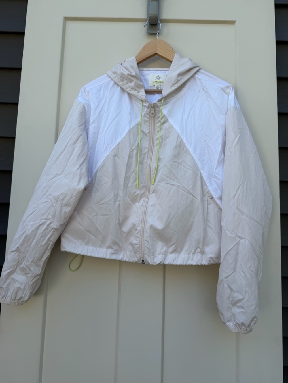 Aerie Lightweight Two-Tone Hooded Windbreaker - White & Cream Slightly Cropped
